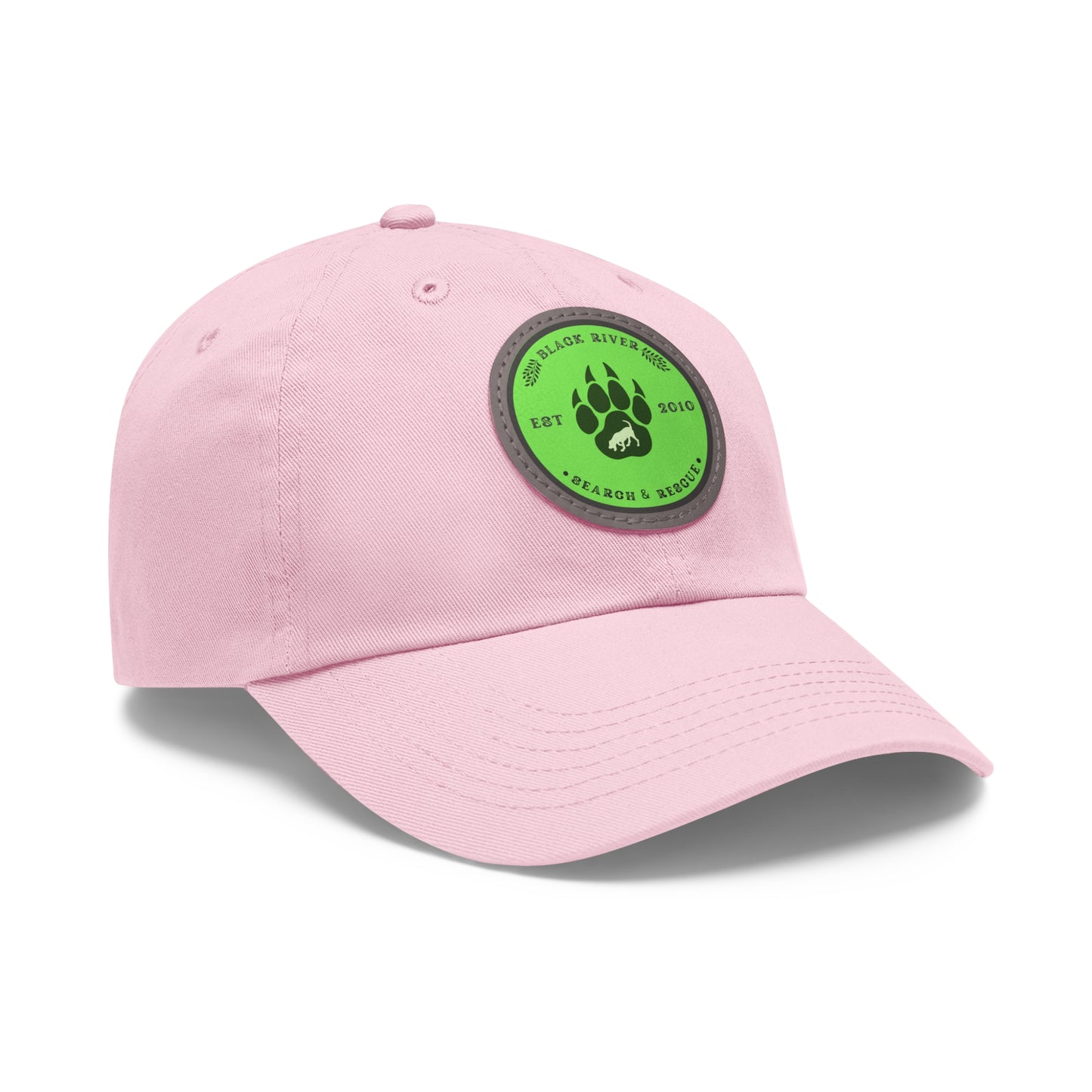 Unisex Hat with Leather Patch (Round), Black River Search & Rescue Logo, Lime Green patch