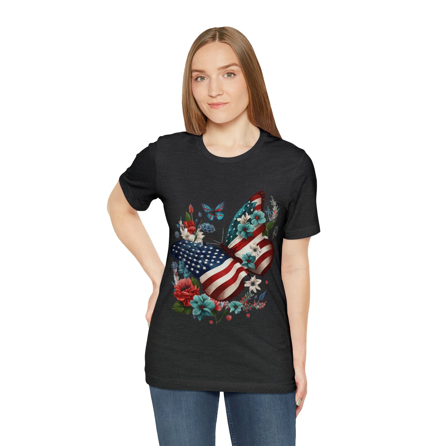 Unisex Jersey Short Sleeve Tee, American Flag, Butterfly, Patriotic