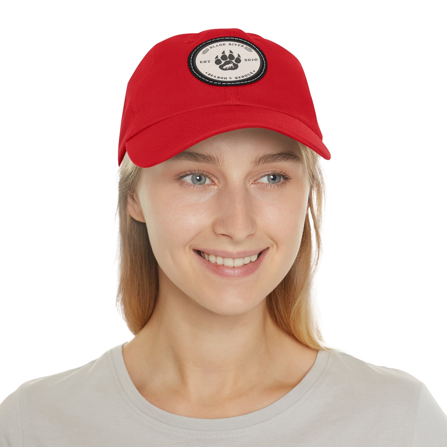 Unisex Hat with Leather Patch (Round), Black River Search & Rescue Logo, Beige patch