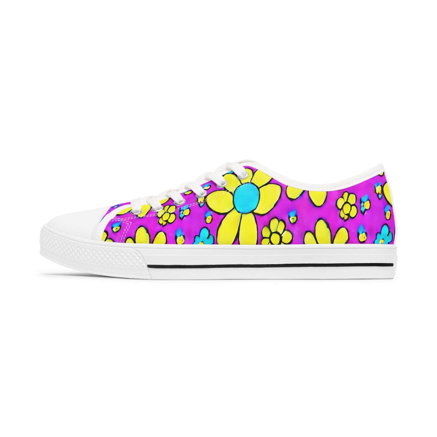 Women's Low Top Sneakers, Retro Flowers, Purple, Yellow, Multi-color flowers