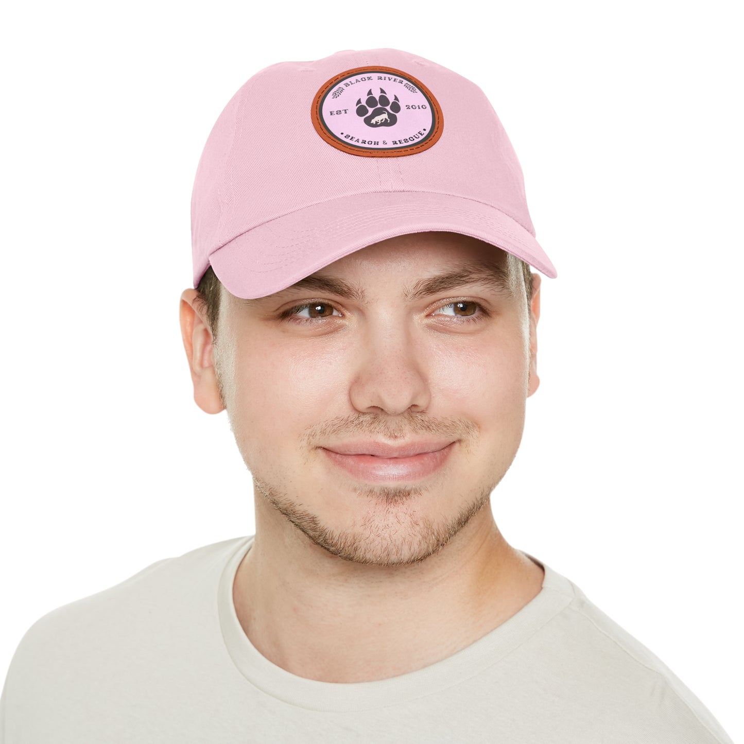 Copy of Unisex Hat with Leather Patch (Round), Black River Search & Rescue Logo, Pink patch