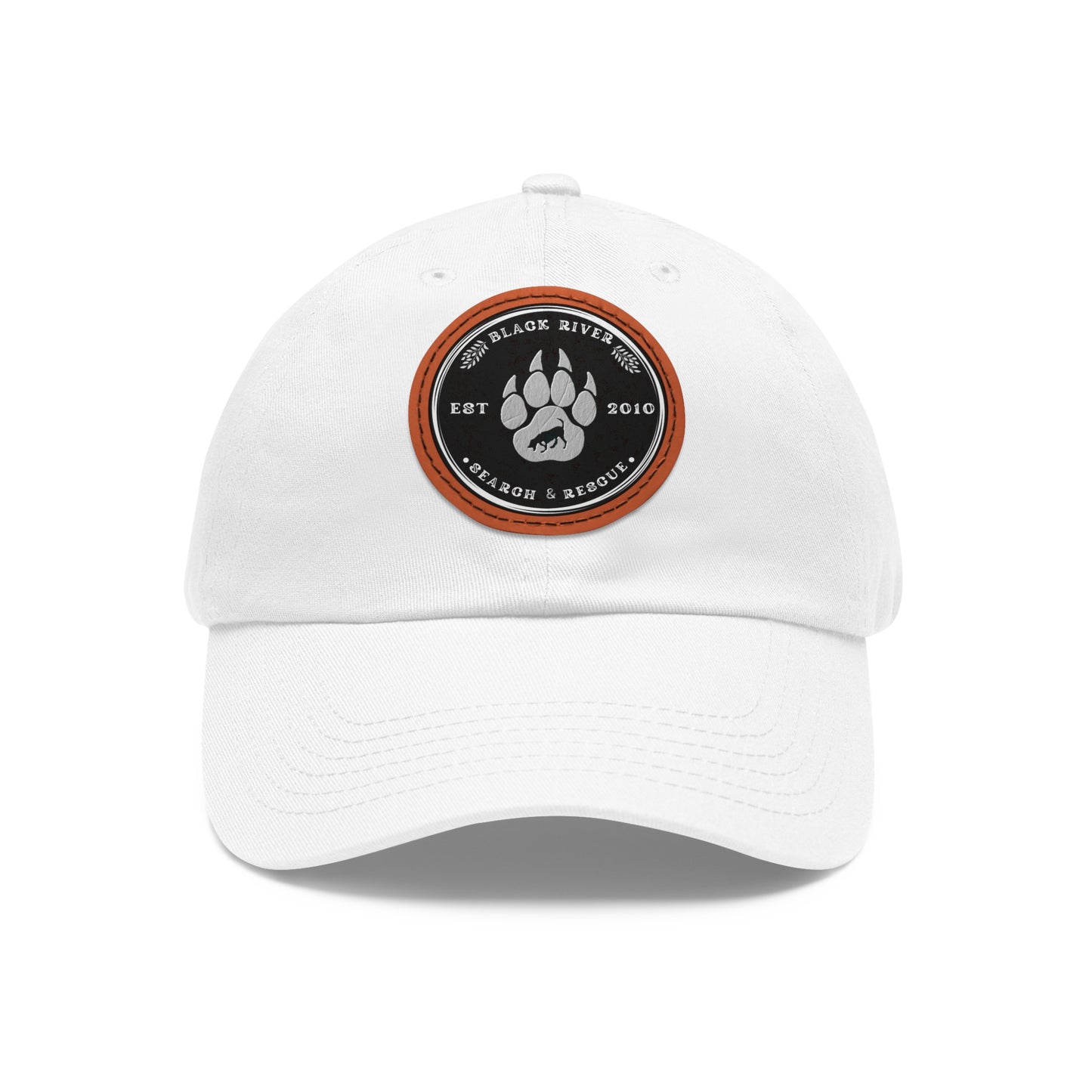 Unisex Hat with Leather Patch (Round), Black River Search & Rescue Logo, black & white patch