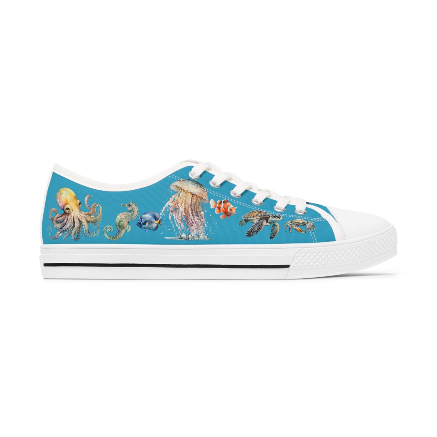 Womens Low Top Sneakers, Sea creatures sneakers, octopus shoe, seahorse canvas shoe, jellyfish, crab, fish