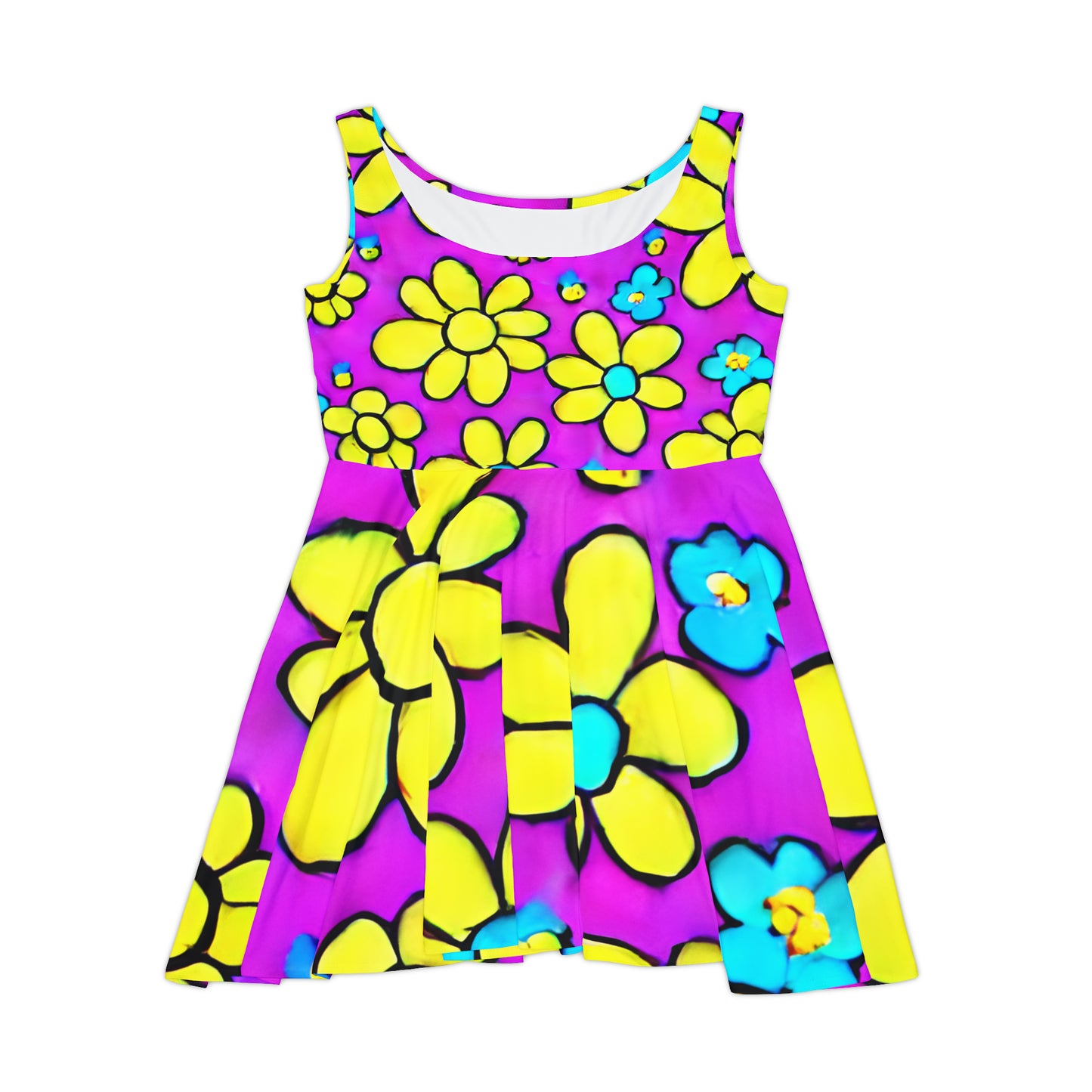 Women's Skater Dress (AOP)m Purple, Yellow, Retro, Flowers