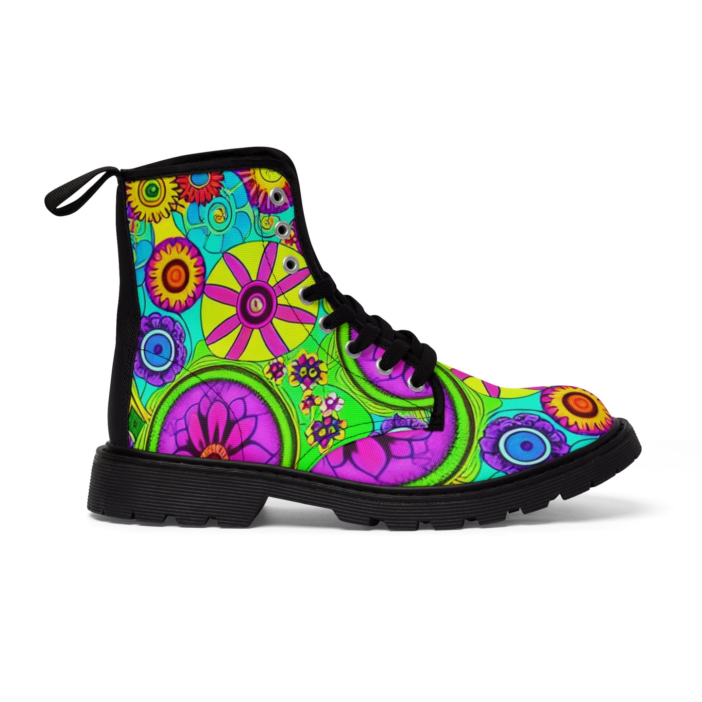 Women's Canvas Boots, Retro, Lime, Yellow, Purple, Flowers