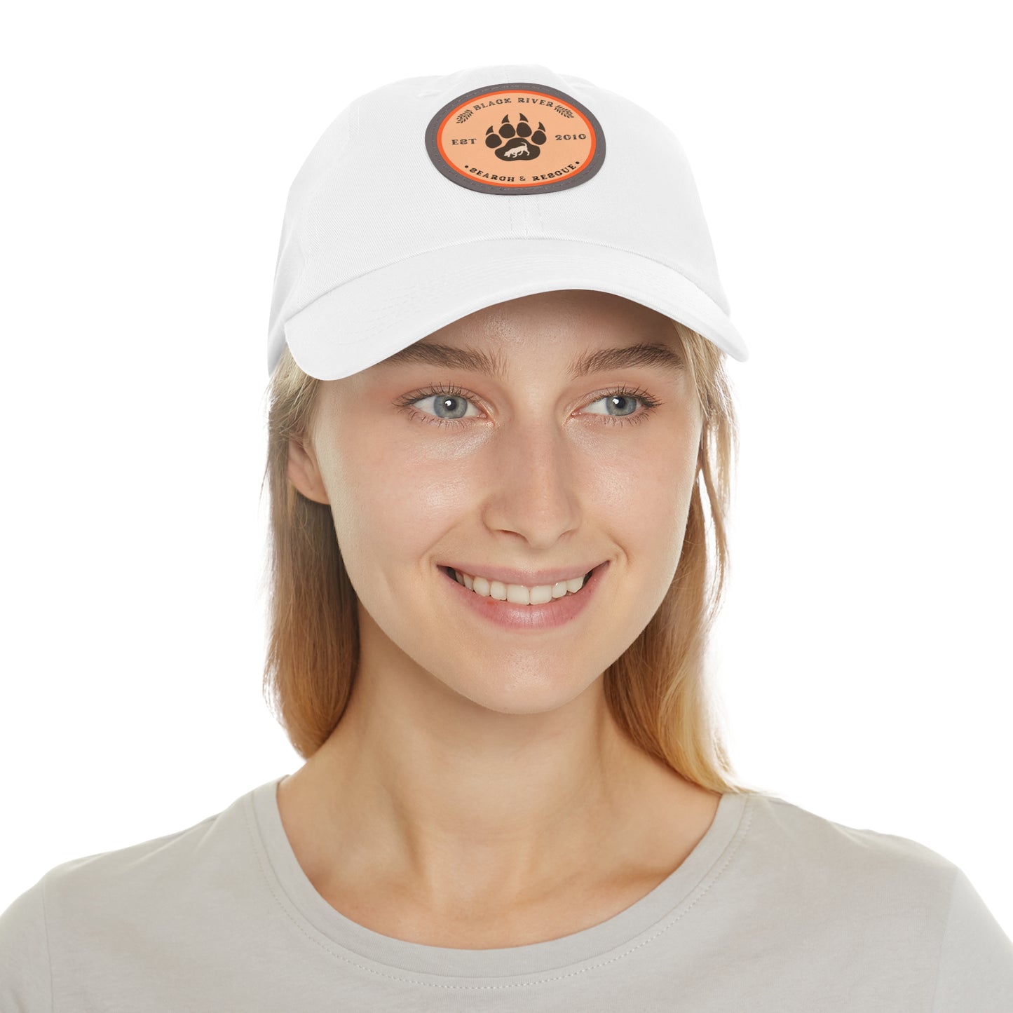 Copy of Unisex Hat with Leather Patch (Round), Black River Search & Rescue Logo, Orange patch