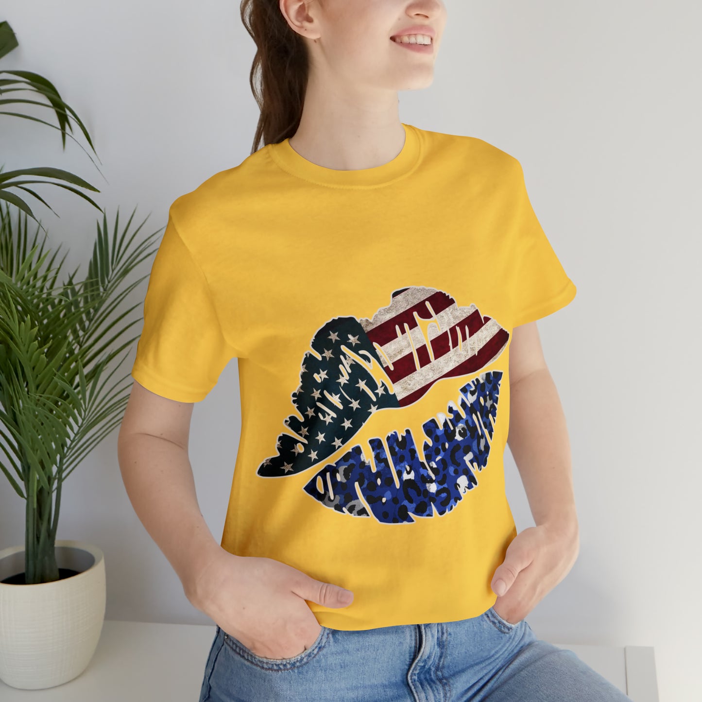 American Flag Lips 4th of July Unisex Jersey Short Sleeve Tee Patriotic Retro