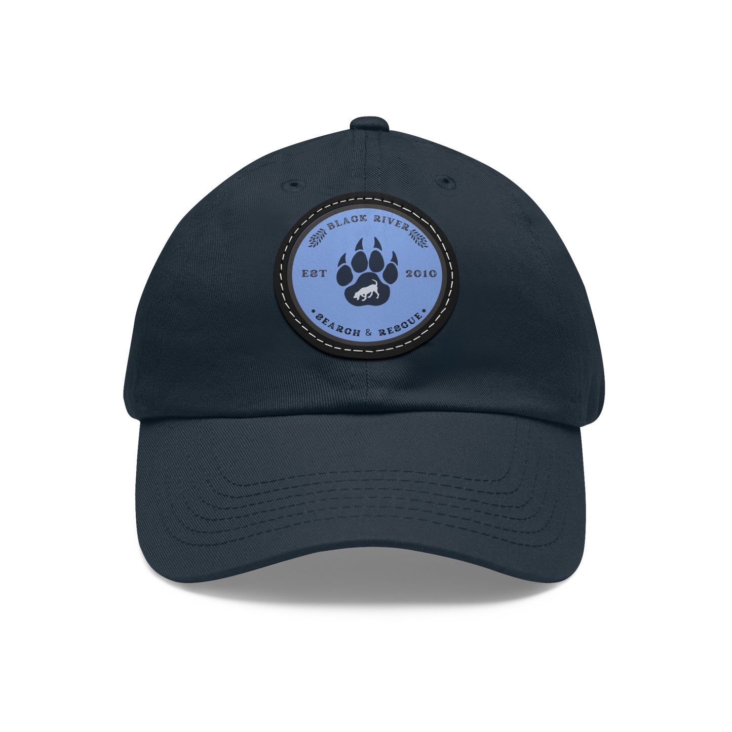 Copy of Unisex Hat with Leather Patch (Round), Black River Search & Rescue Logo, Vintage Blue patch