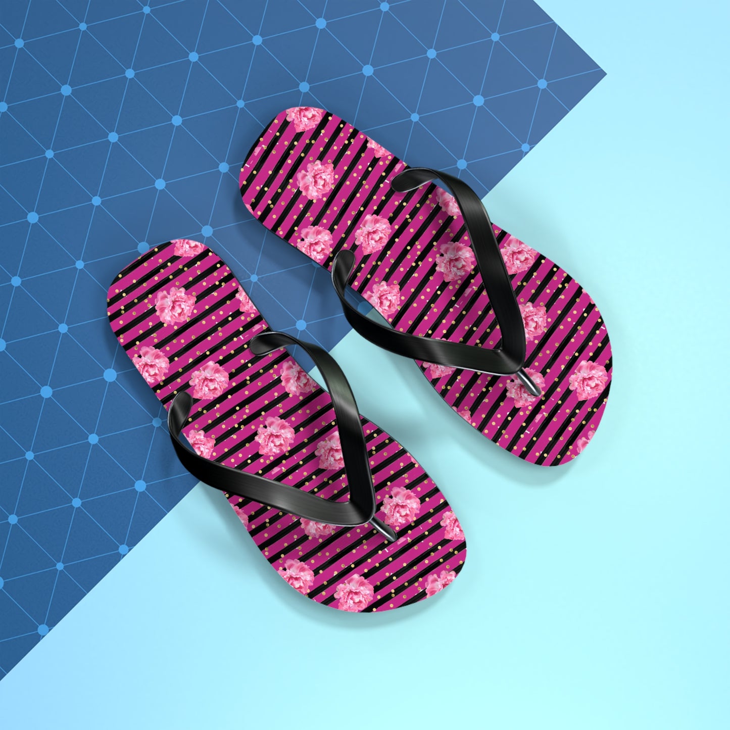 Bright Pink rose and black striped Flip Flops