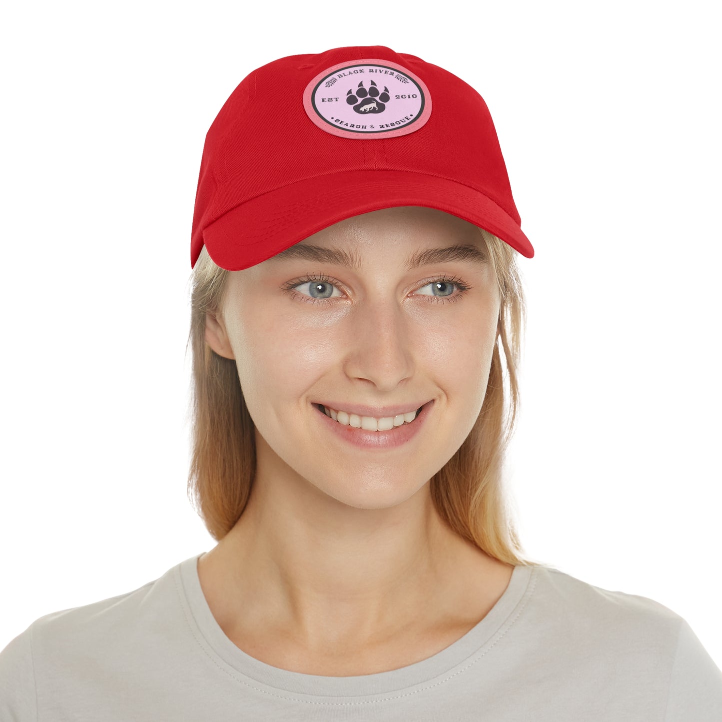 Copy of Unisex Hat with Leather Patch (Round), Black River Search & Rescue Logo, Pink patch