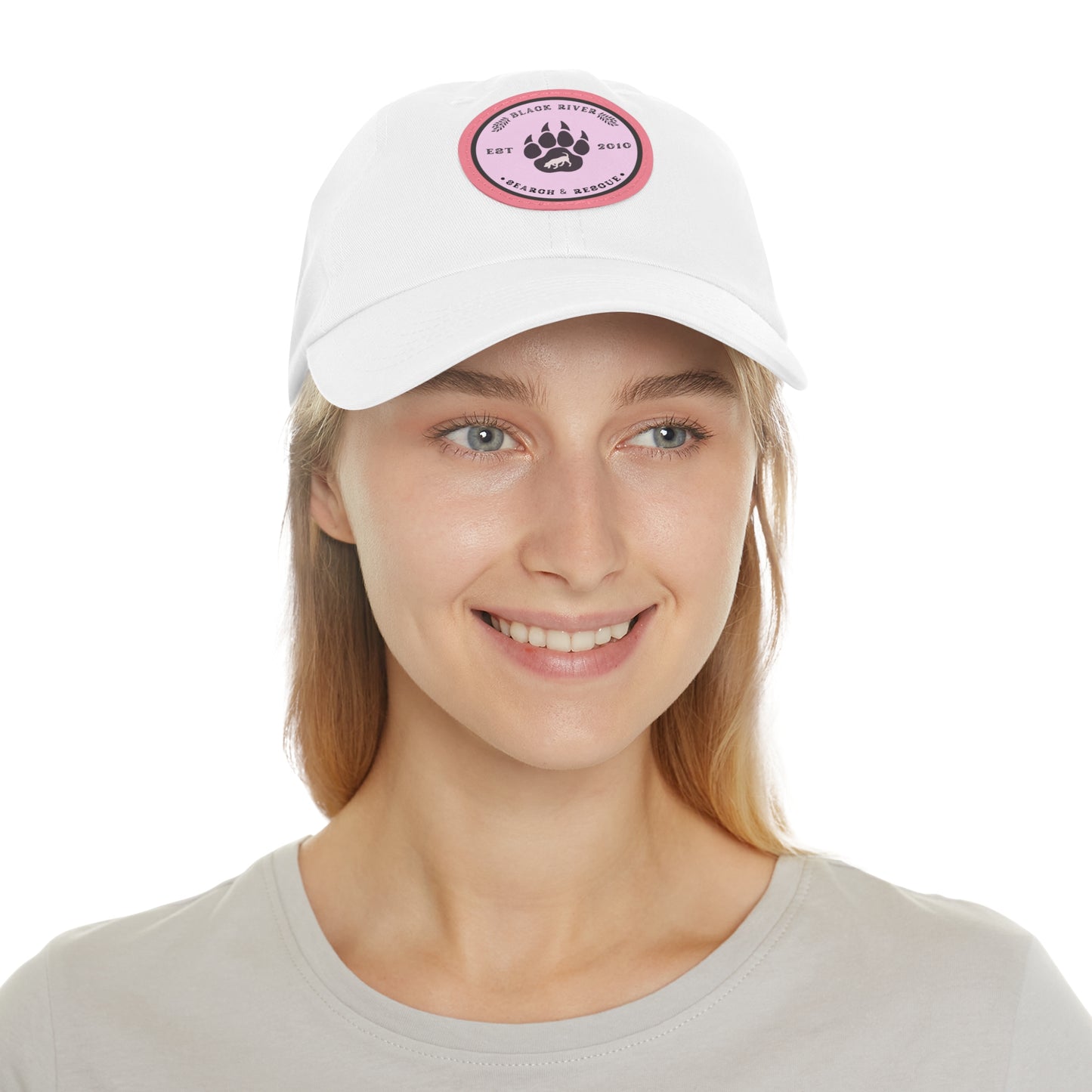 Copy of Unisex Hat with Leather Patch (Round), Black River Search & Rescue Logo, Pink patch