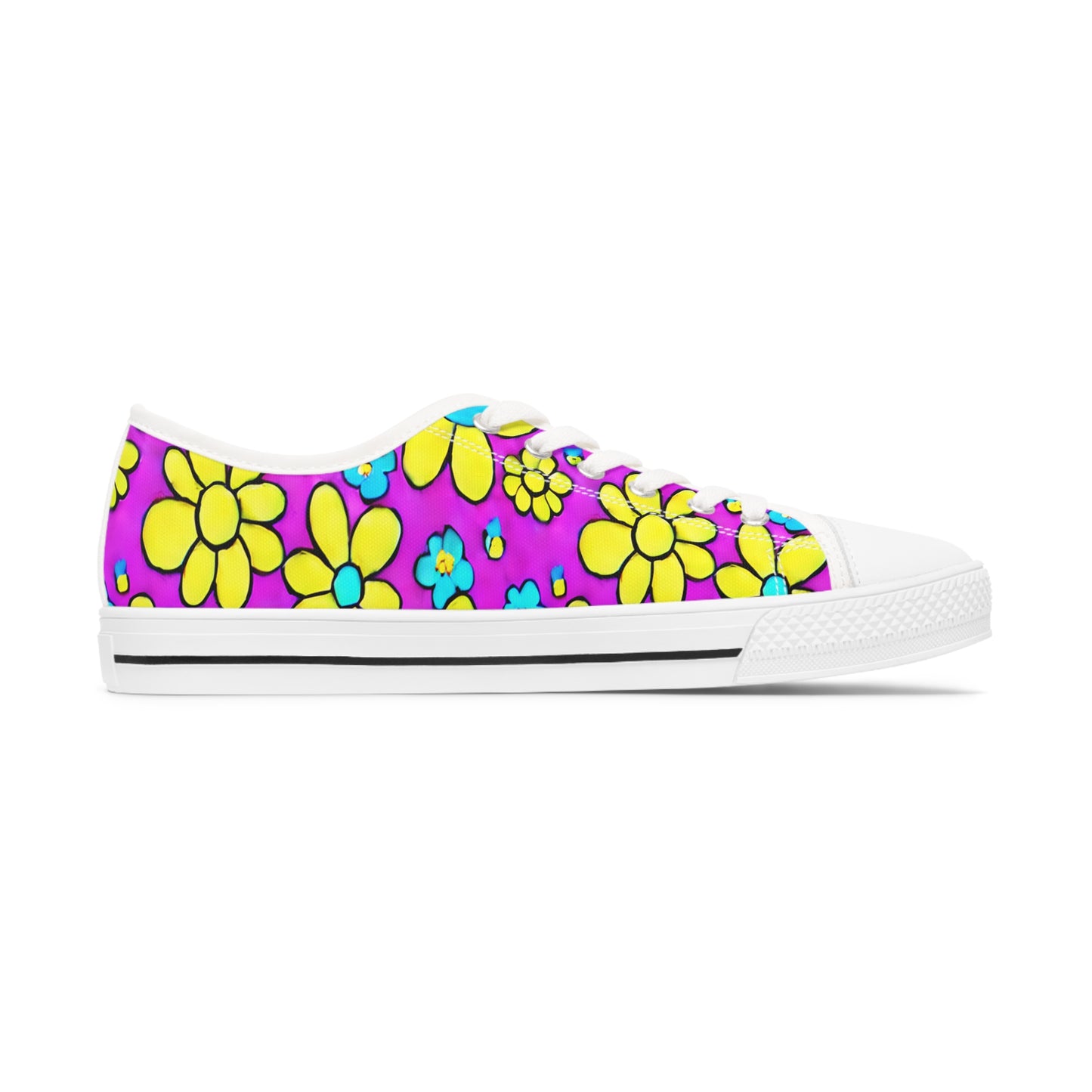 Women's Low Top Sneakers, Retro Flowers, Purple, Yellow, Multi-color flowers