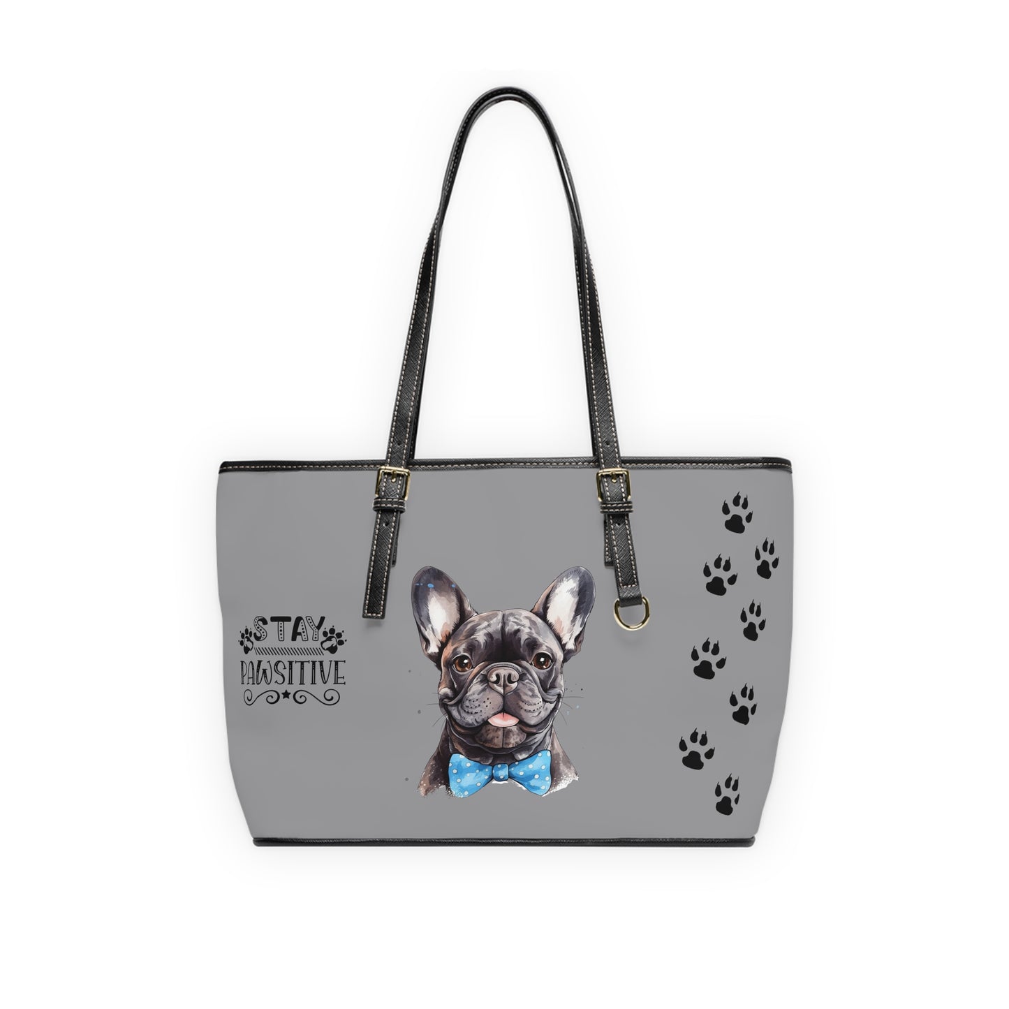 French Bulldog Leather Shoulder Bag Grey two Frenchie pictures You Had Me at Woof Stay Pawsitive