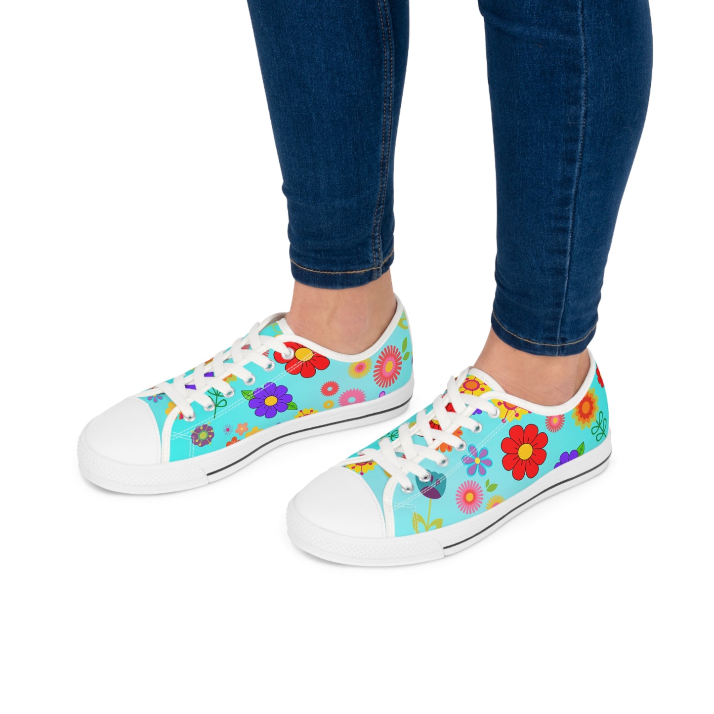 Women's Low Top Sneakers, Retro Flowers, Aqua, Multi-color flowers