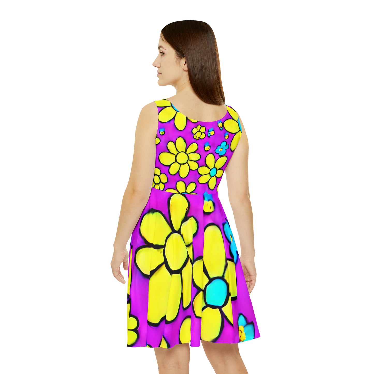 Women's Skater Dress (AOP)m Purple, Yellow, Retro, Flowers