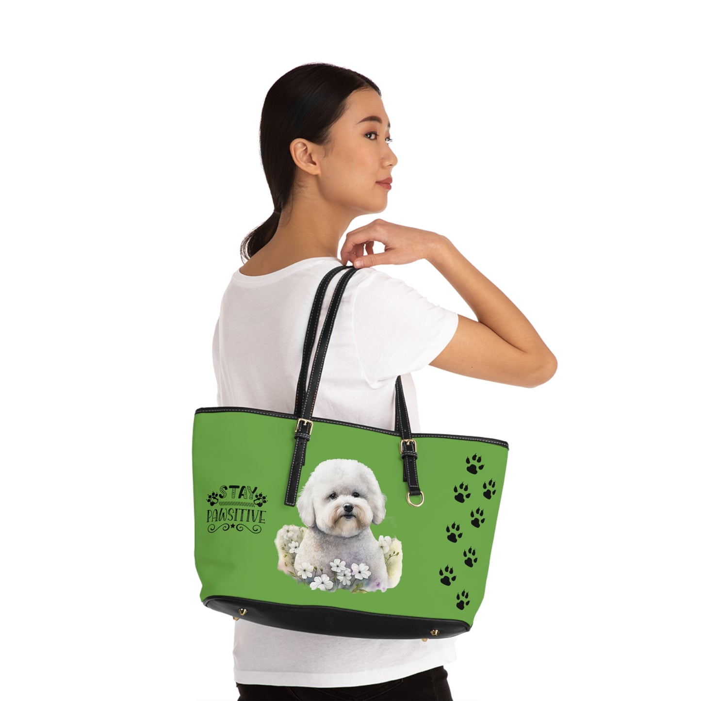 Bichon Frise Leather Shoulder Bag Lime Green two Bichon pictures You Had Me at Woof Stay Pawsitive