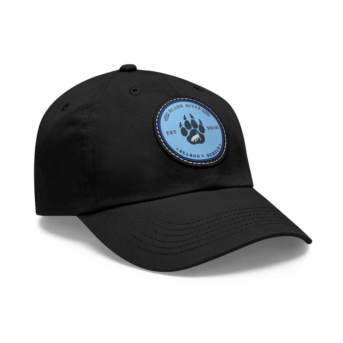 Unisex Hat with Leather Patch (Round), Black River Search & Rescue Logo, Blue patch