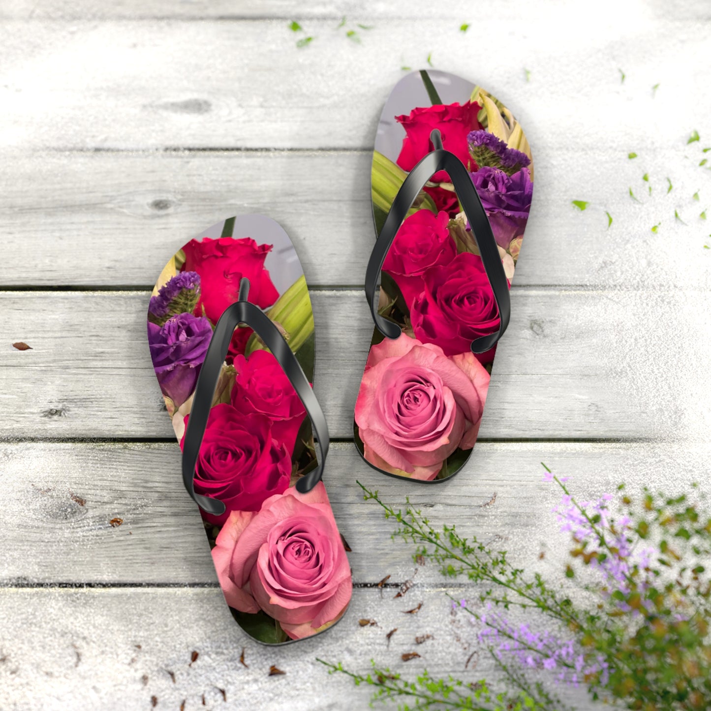 Flip Flops, roses, flowers, red, pink, purple