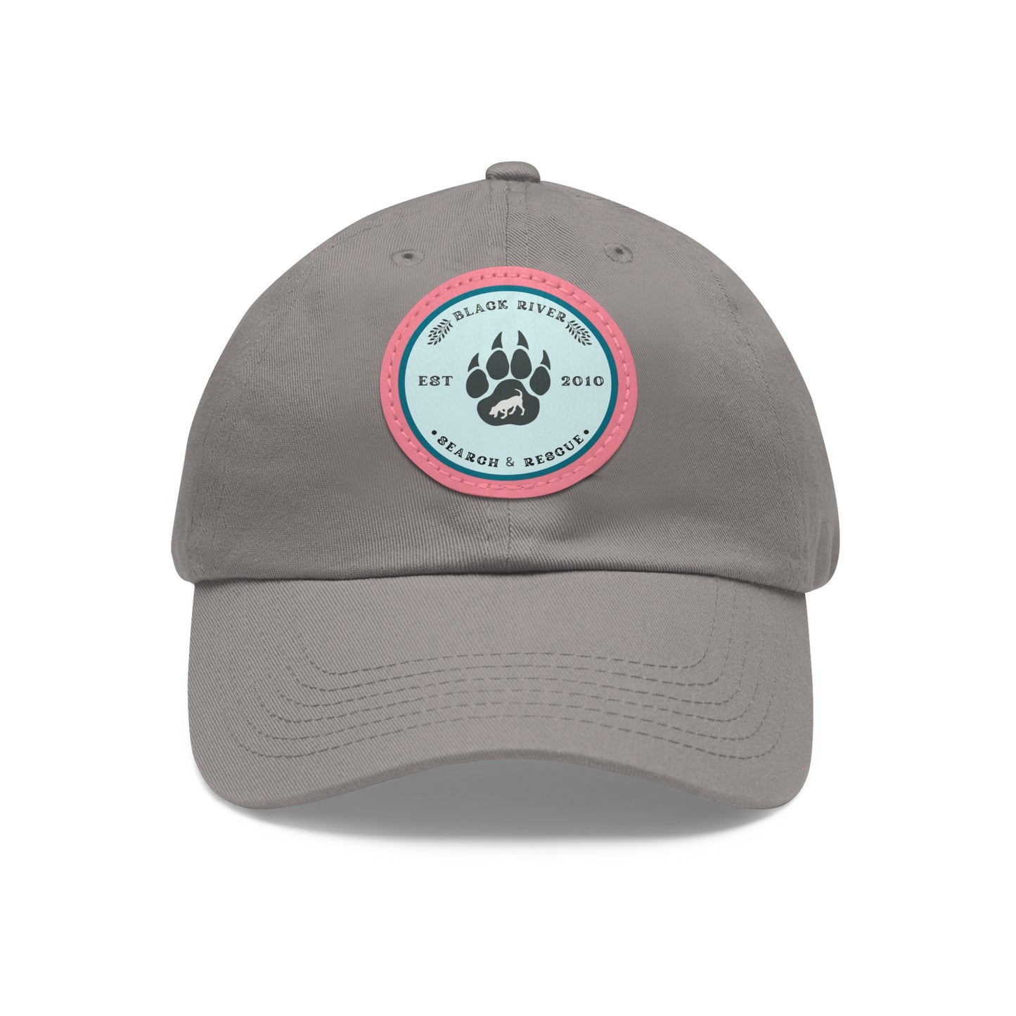 Unisex Hat with Leather Patch (Round), Black River Search & Rescue Logo, Turquoise patch