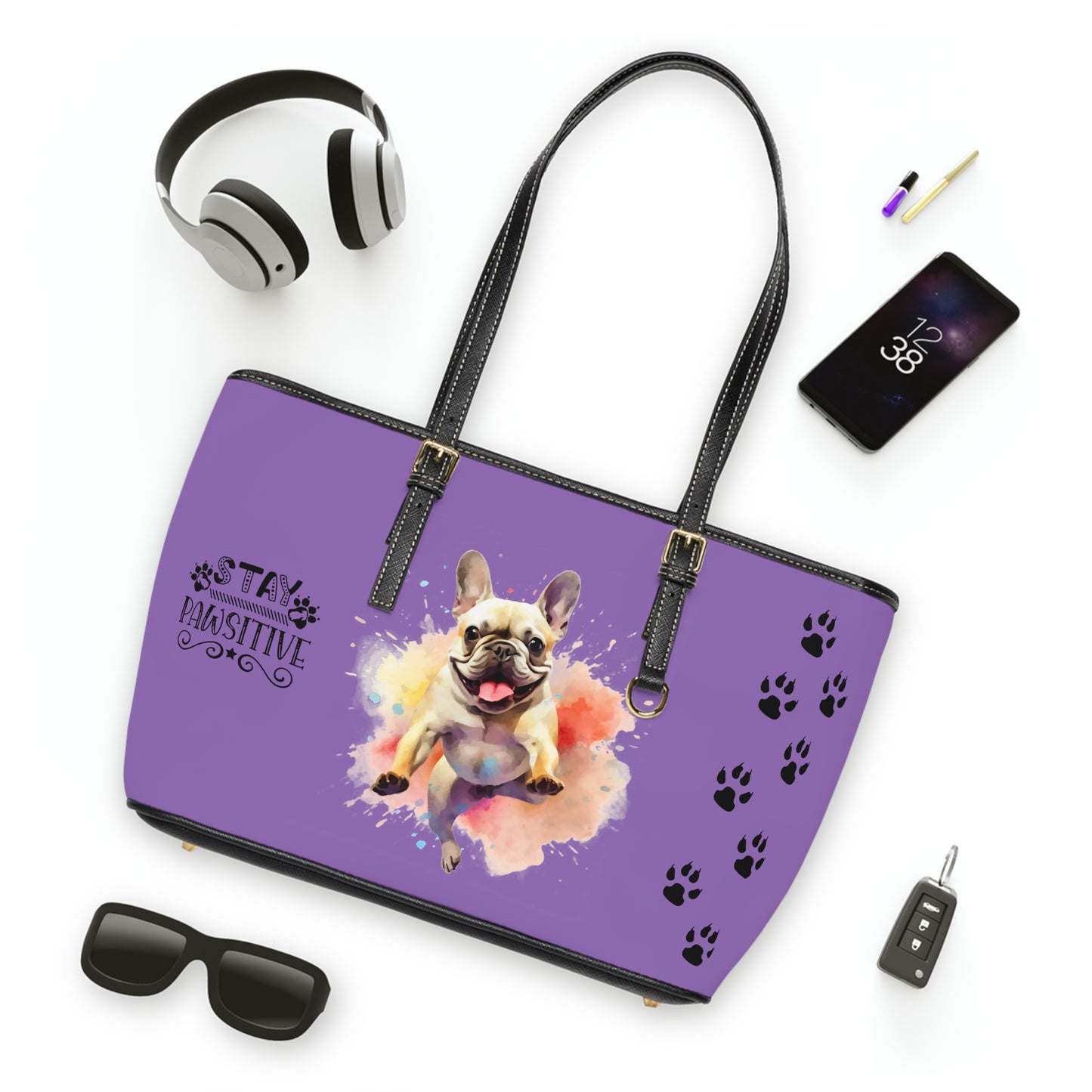 French Bulldog Leather Shoulder Bag Purple two Frenchie pictures You Had Me at Woof Stay Pawsitive