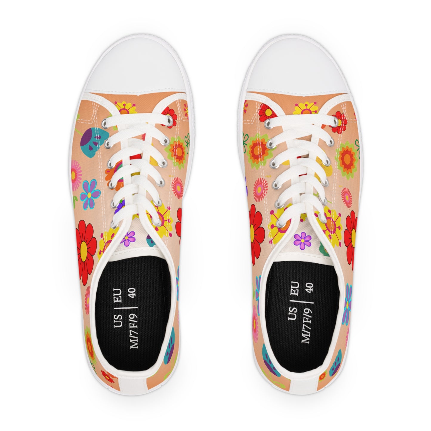 Women's Low Top Sneakers, Retro Flowers, Orange, Multi-color flowers