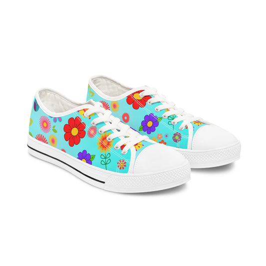 Women's Low Top Sneakers, Retro Flowers, Aqua, Multi-color flowers