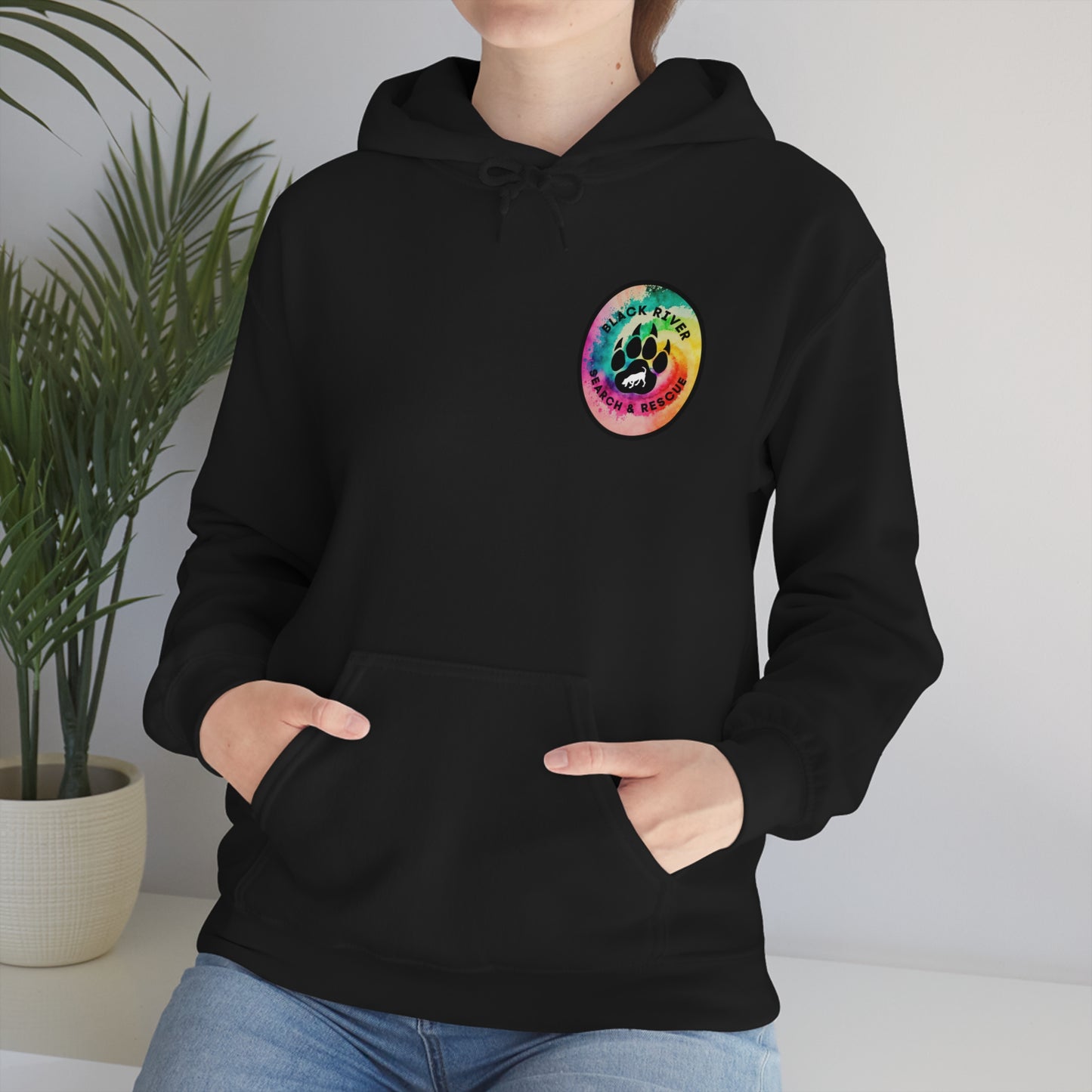 Tie Dye Black River Search & Rescue Logo with Lucy Unisex Heavy Blend™ Hooded Sweatshirt