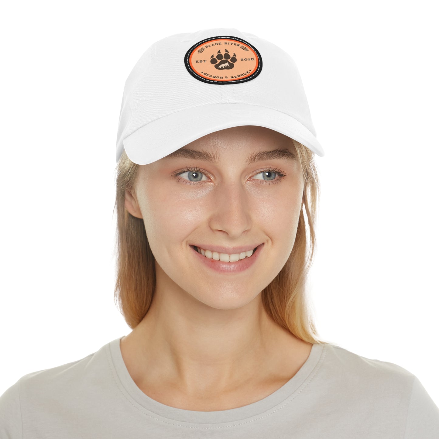 Copy of Unisex Hat with Leather Patch (Round), Black River Search & Rescue Logo, Orange patch