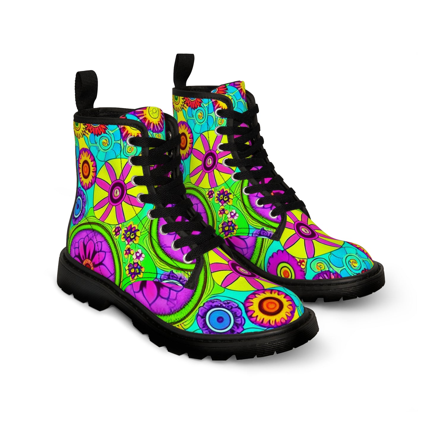 Women's Canvas Boots, Retro, Lime, Yellow, Purple, Flowers