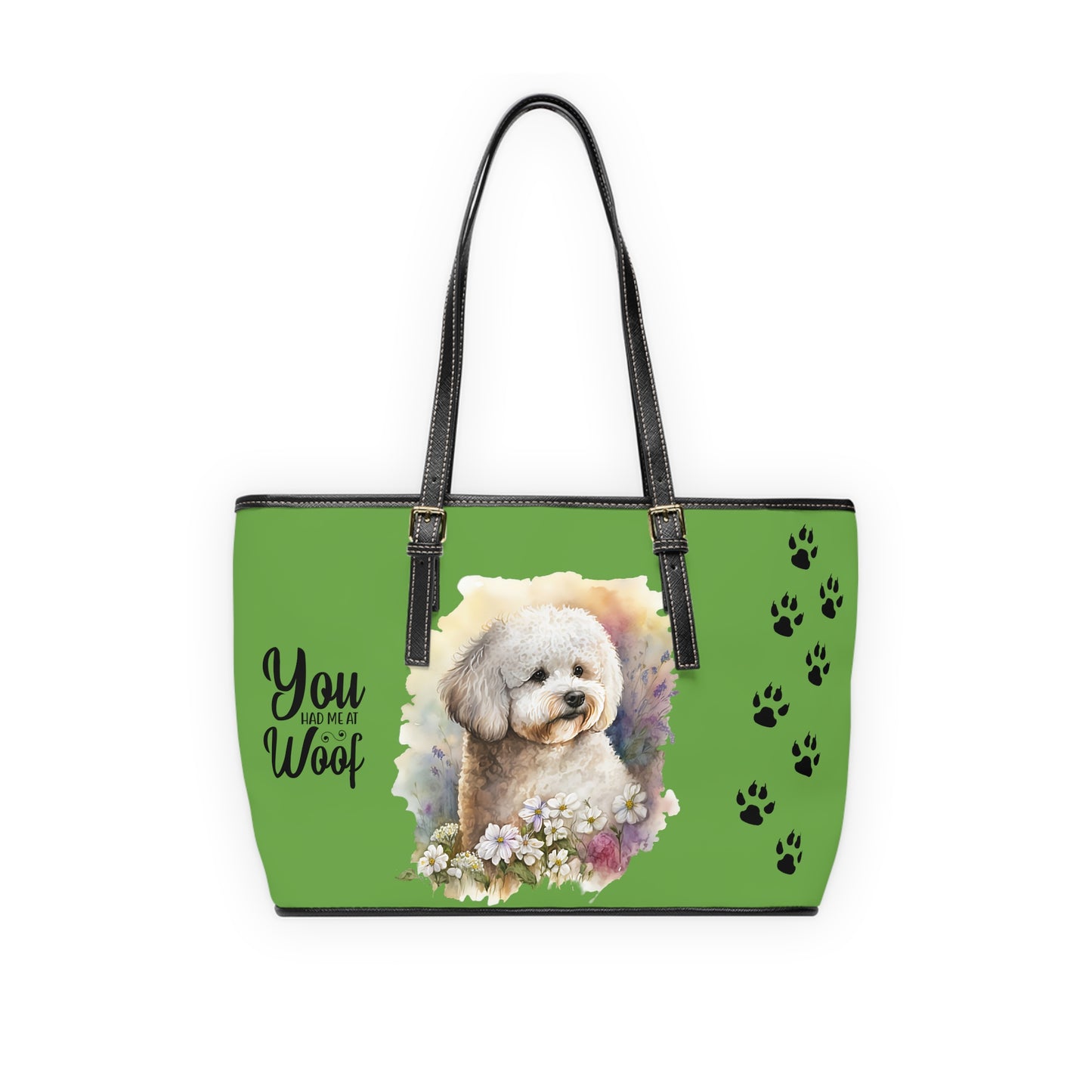 Bichon Frise Leather Shoulder Bag Lime Green two Bichon pictures You Had Me at Woof Stay Pawsitive