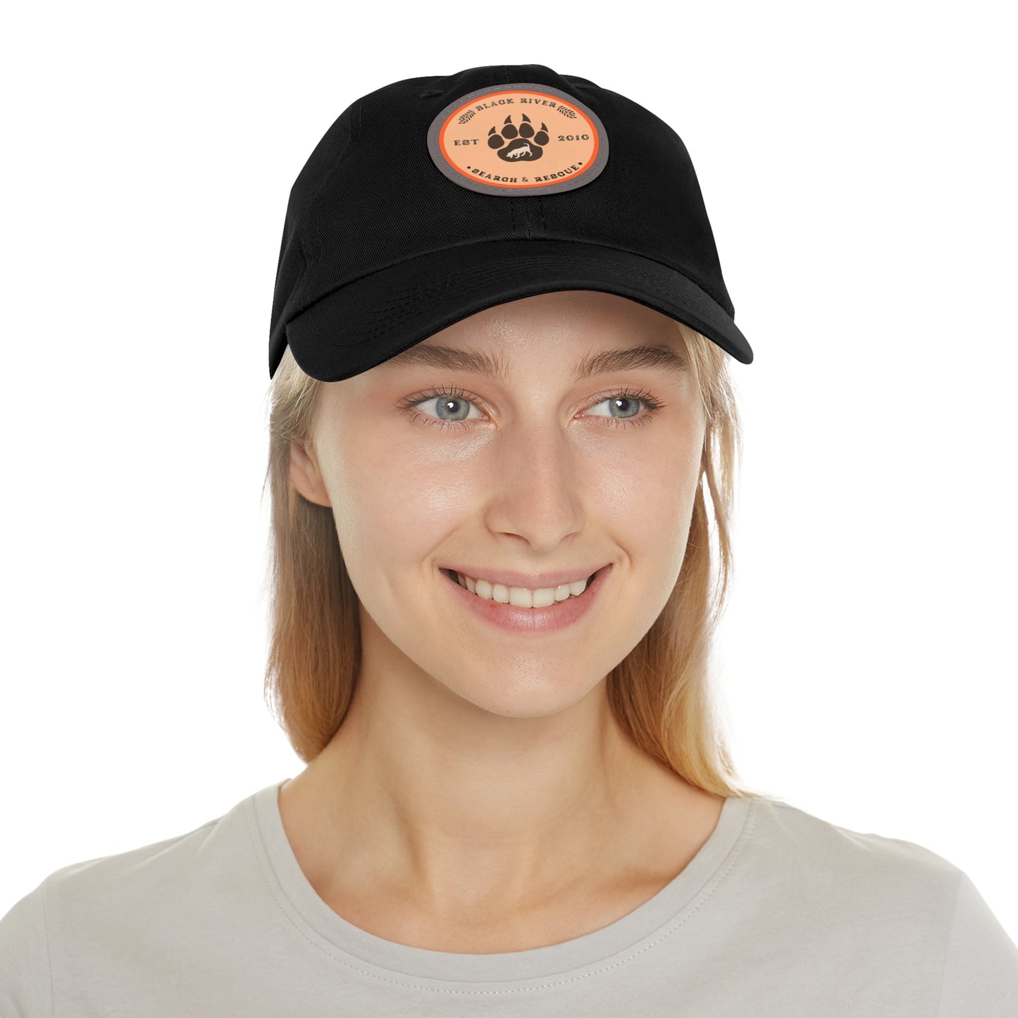 Copy of Unisex Hat with Leather Patch (Round), Black River Search & Rescue Logo, Orange patch