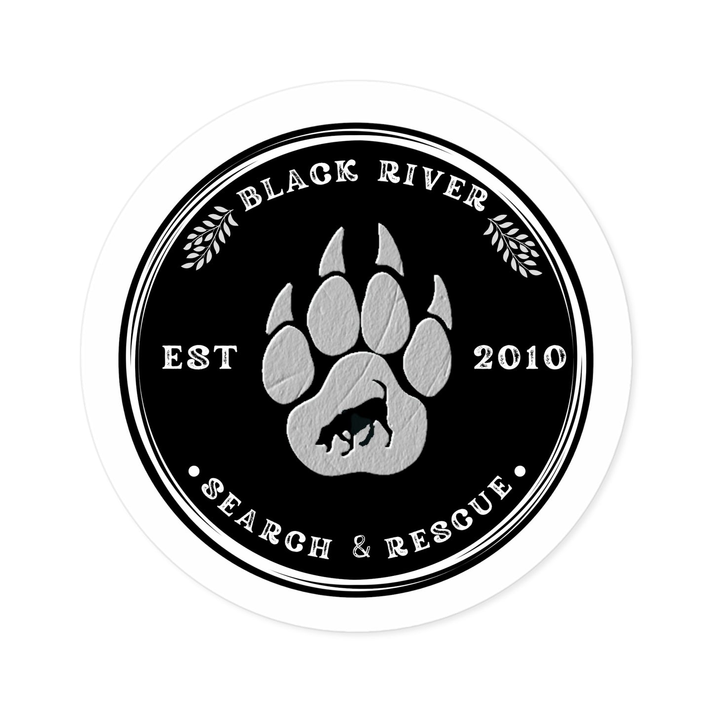 BRSAR Logo Round Stickers, Indoor\Outdoor, Multiple sizes, White leather look on Black