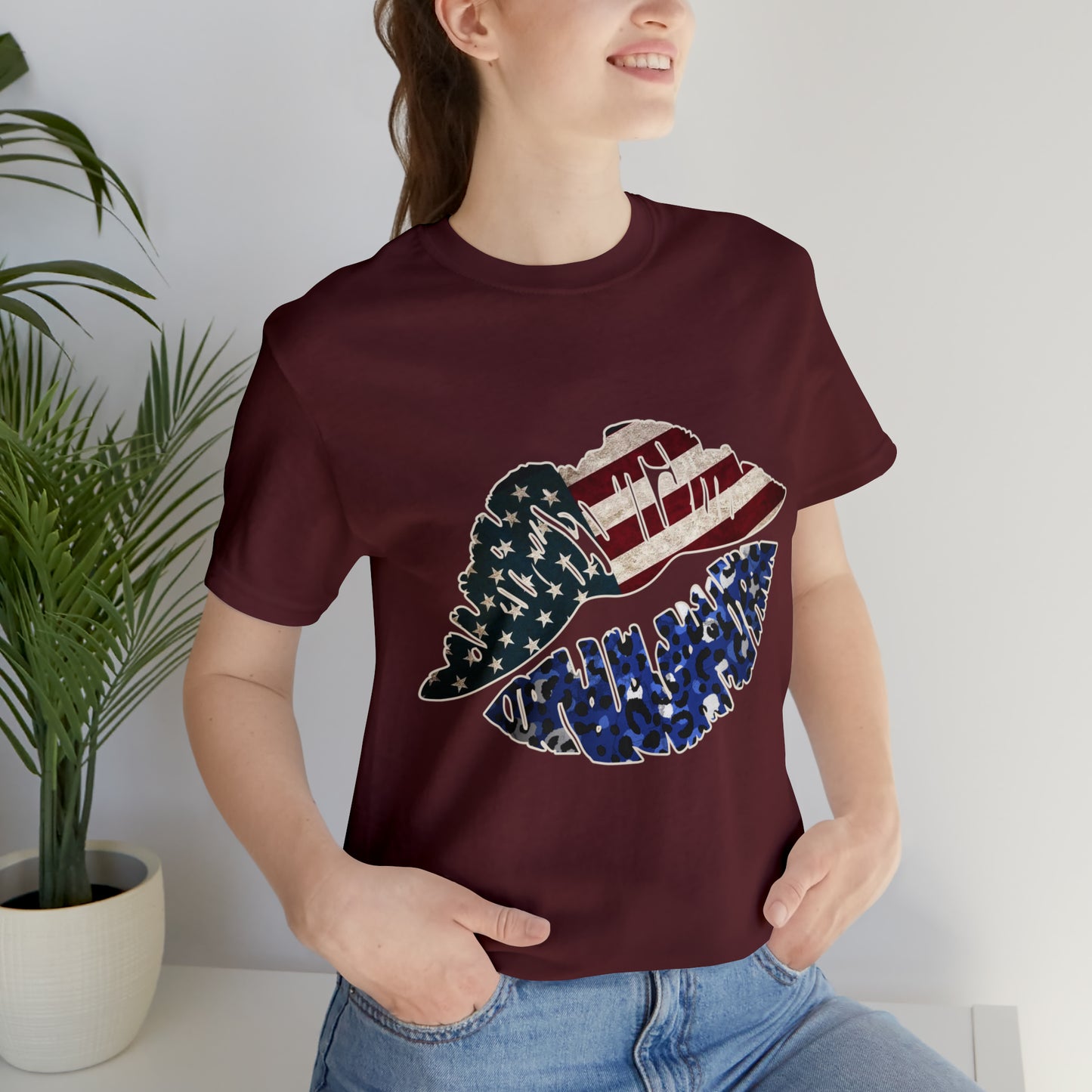 American Flag Lips 4th of July Unisex Jersey Short Sleeve Tee Patriotic Retro