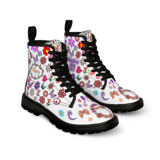 Women's Canvas Boots, Inspire, Stay Positive, 60's, Peace Signs, Flowers, Multi-Color