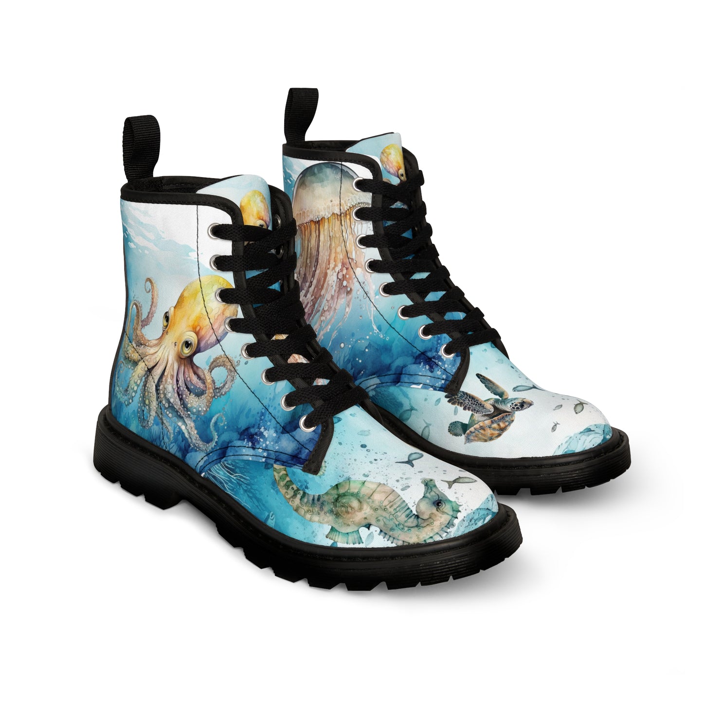 Women's Canvas Boots, Under the sea, seahorse, sea turtle, octopus