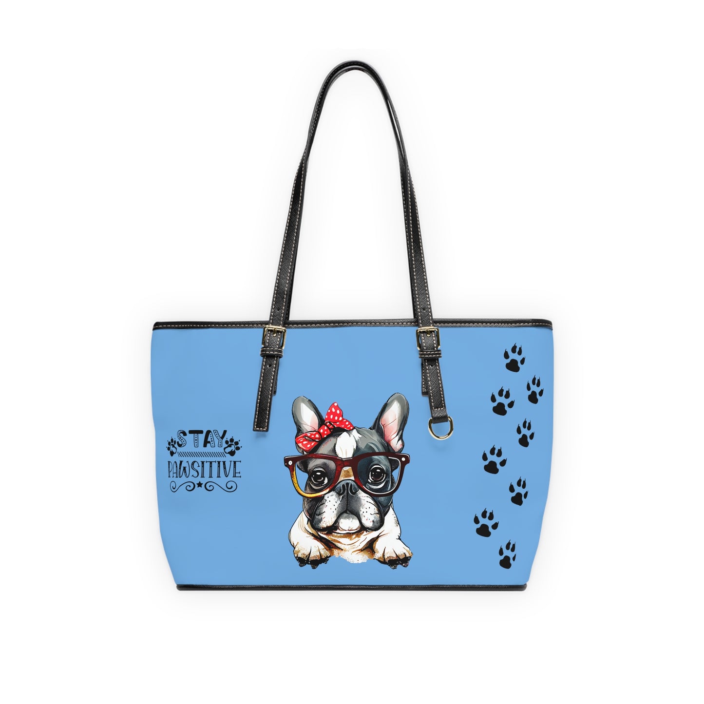 French Bulldog Leather Shoulder Bag light blue two Frenchie pictures You Had Me at Woof Stay Pawsitive