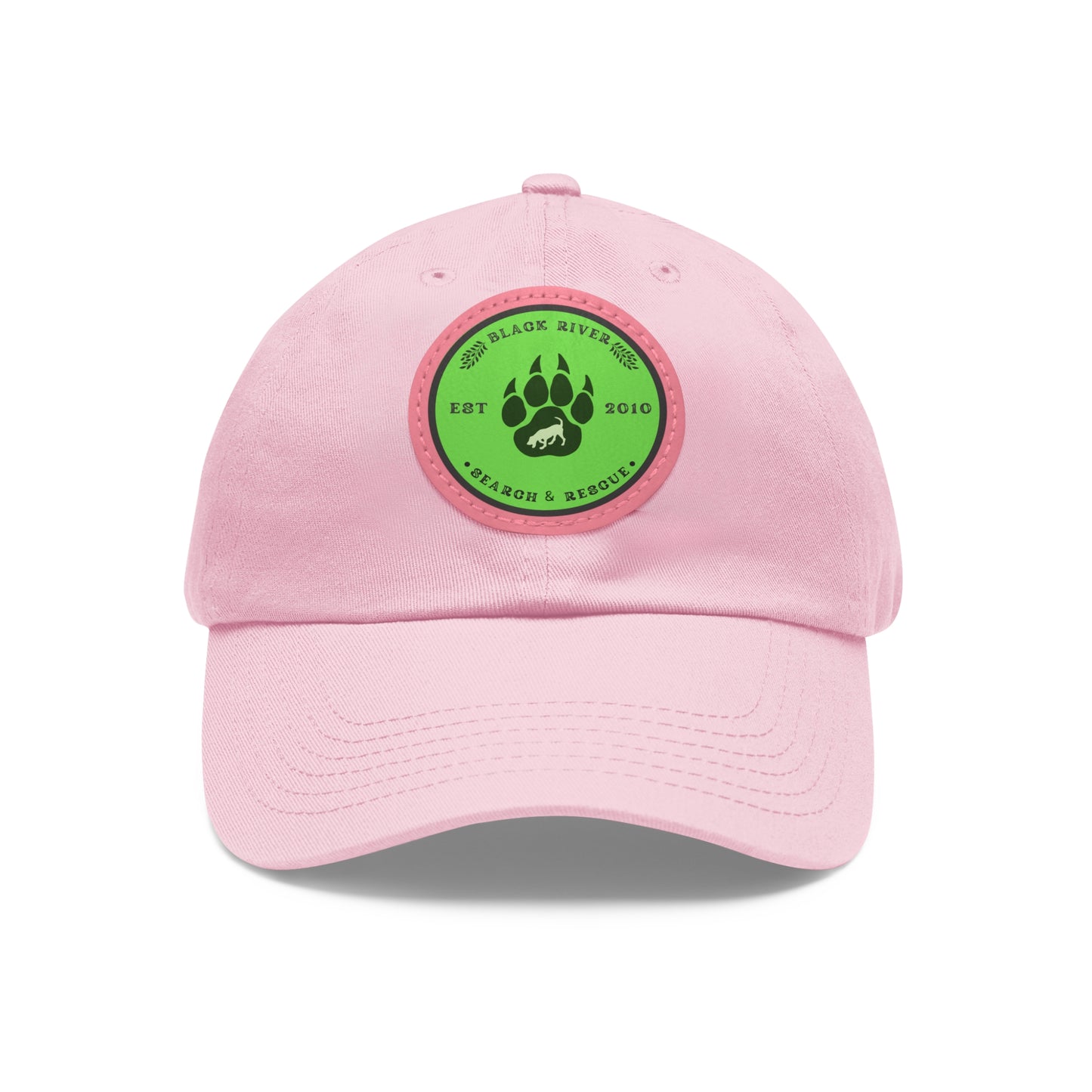 Unisex Hat with Leather Patch (Round), Black River Search & Rescue Logo, Lime Green patch