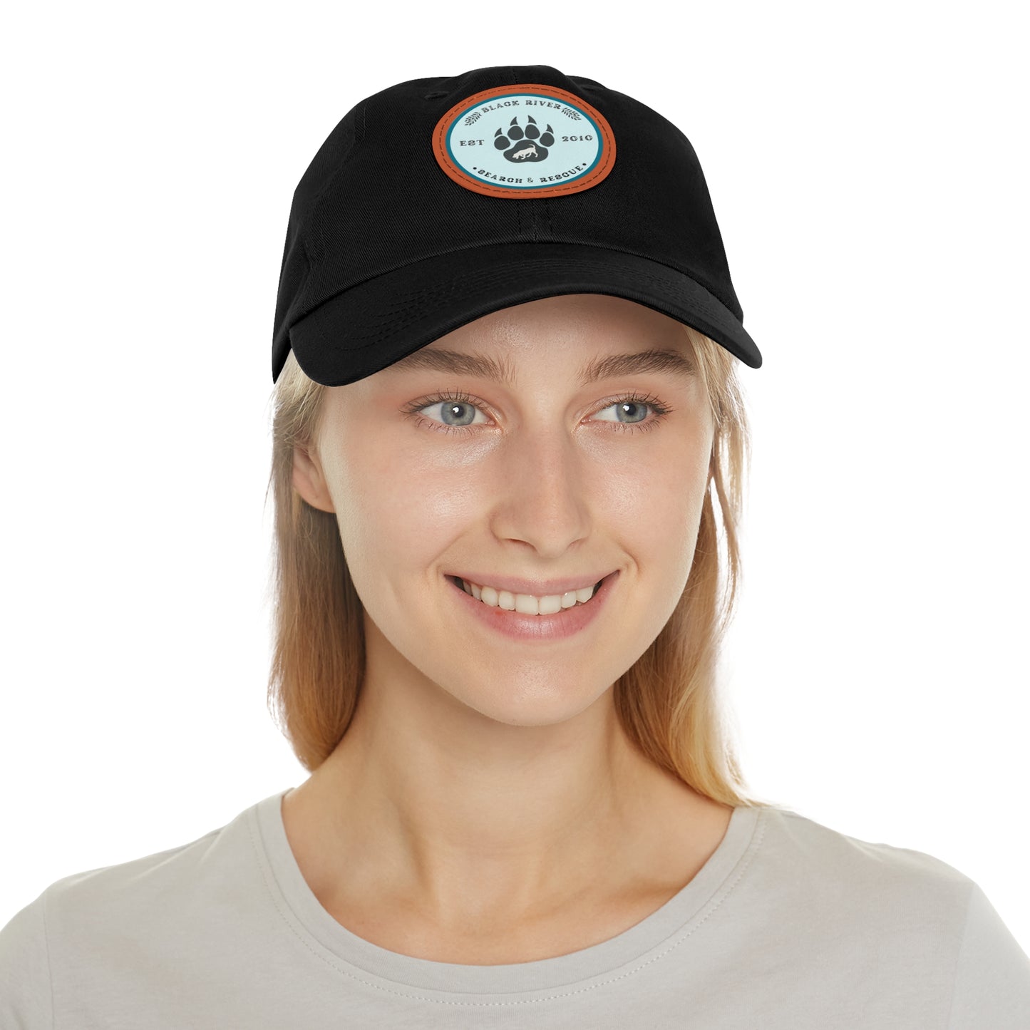 Unisex Hat with Leather Patch (Round), Black River Search & Rescue Logo, Turquoise patch