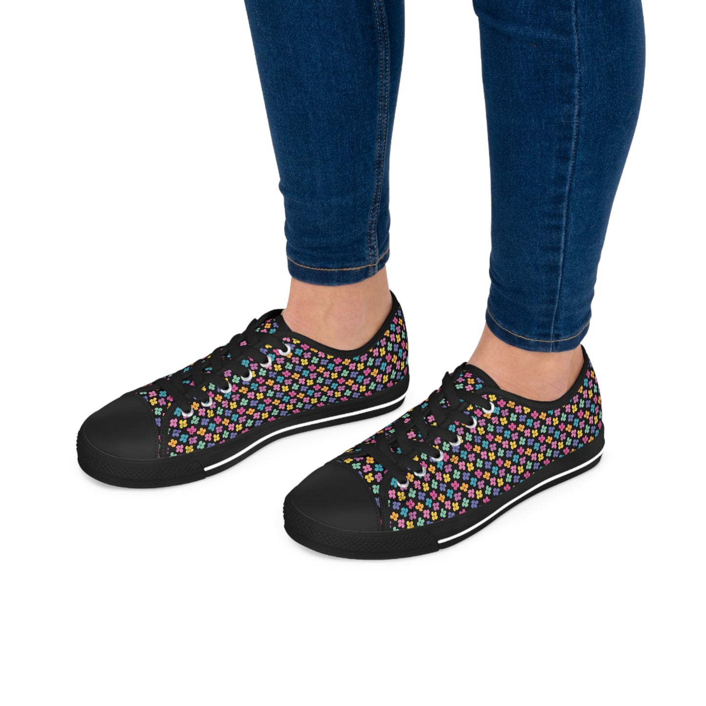 Multicolor Flower Black Women's Low Top Sneakers