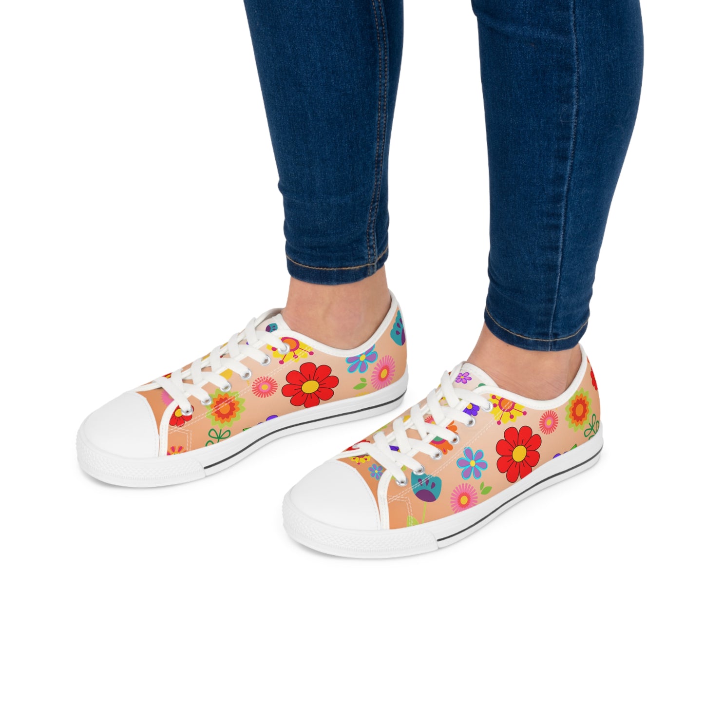 Women's Low Top Sneakers, Retro Flowers, Orange, Multi-color flowers