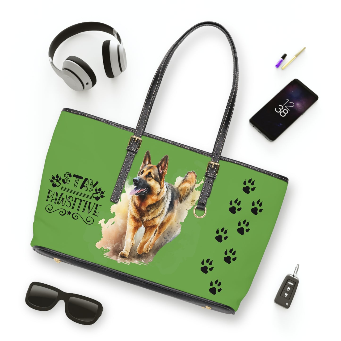 German Shepard Leather Shoulder Bag Green You had me at Woof Stay Pawsitive