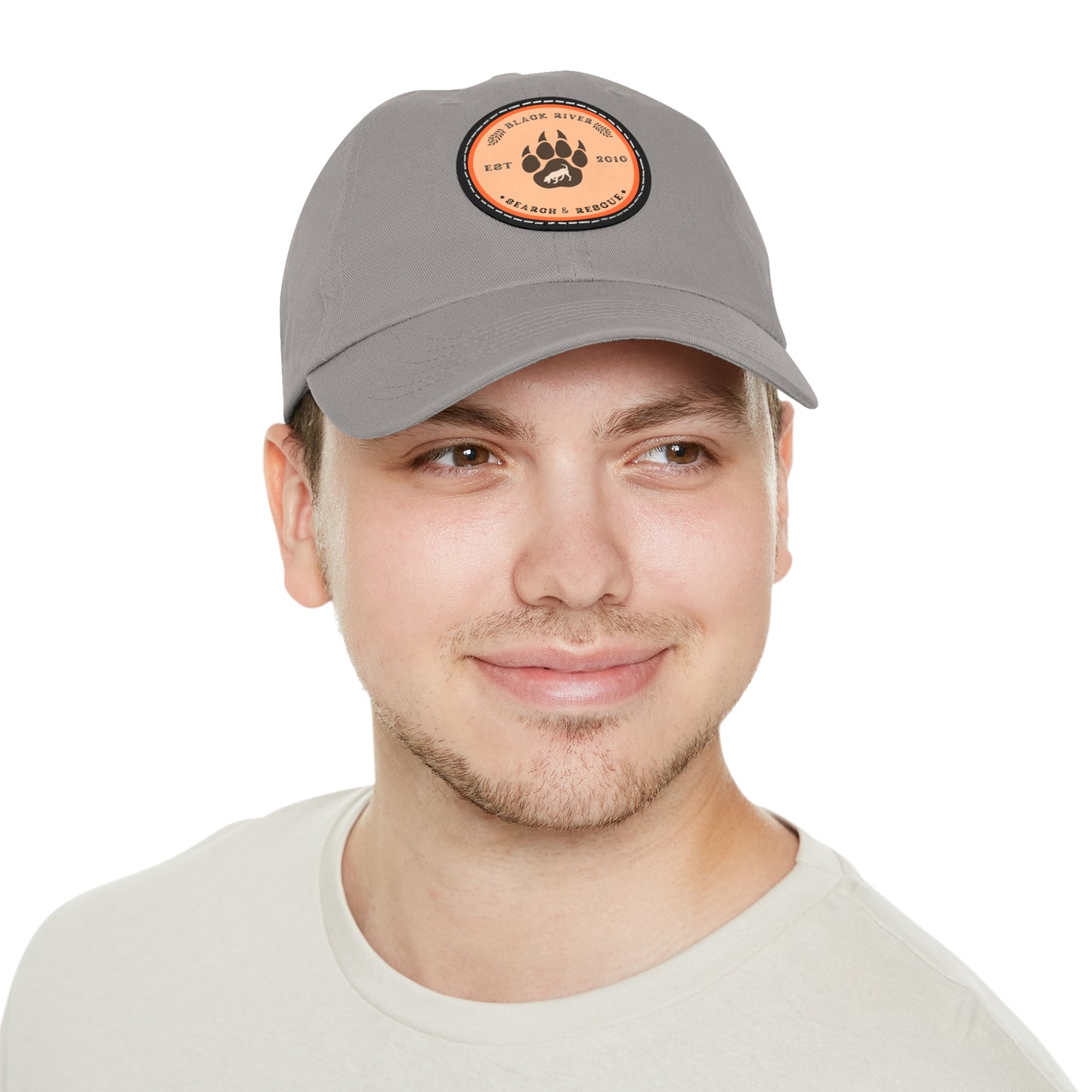 Copy of Unisex Hat with Leather Patch (Round), Black River Search & Rescue Logo, Orange patch