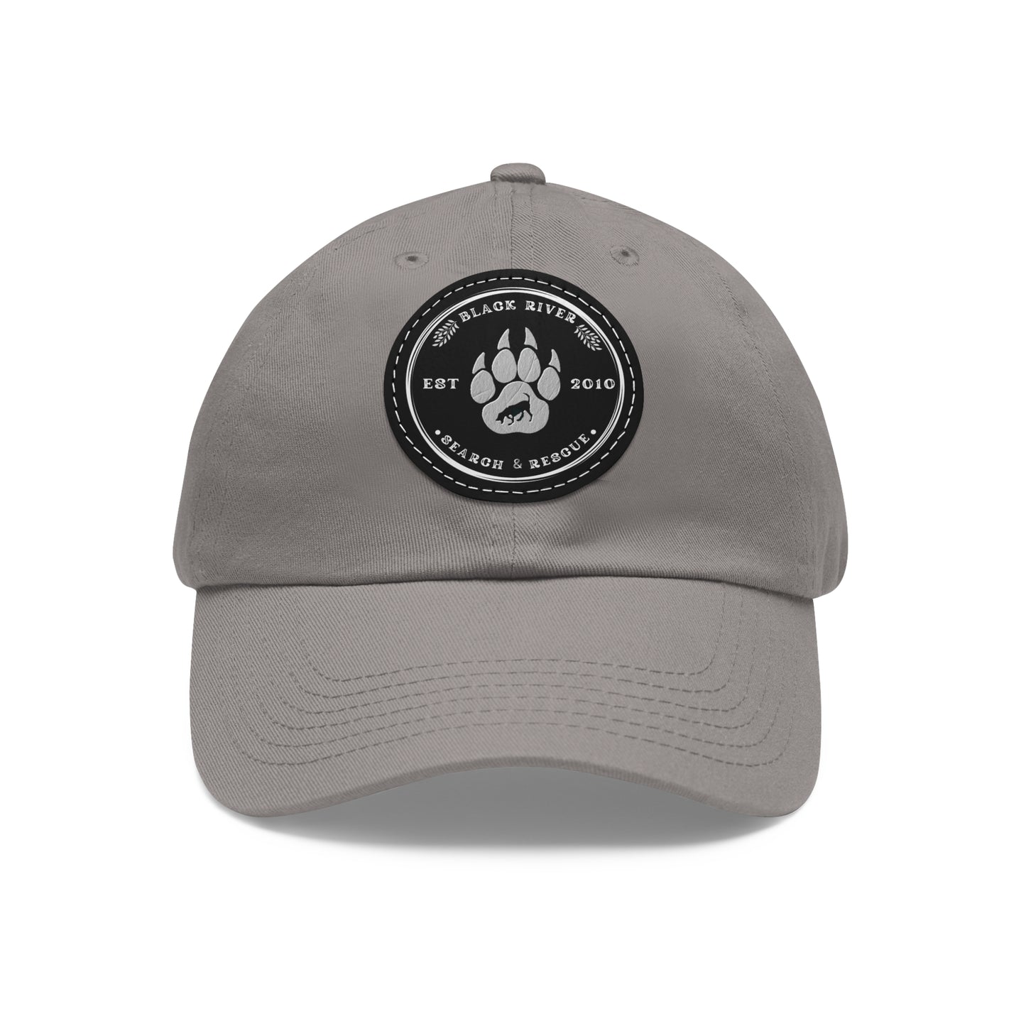 Unisex Hat with Leather Patch (Round), Black River Search & Rescue Logo, black & white patch