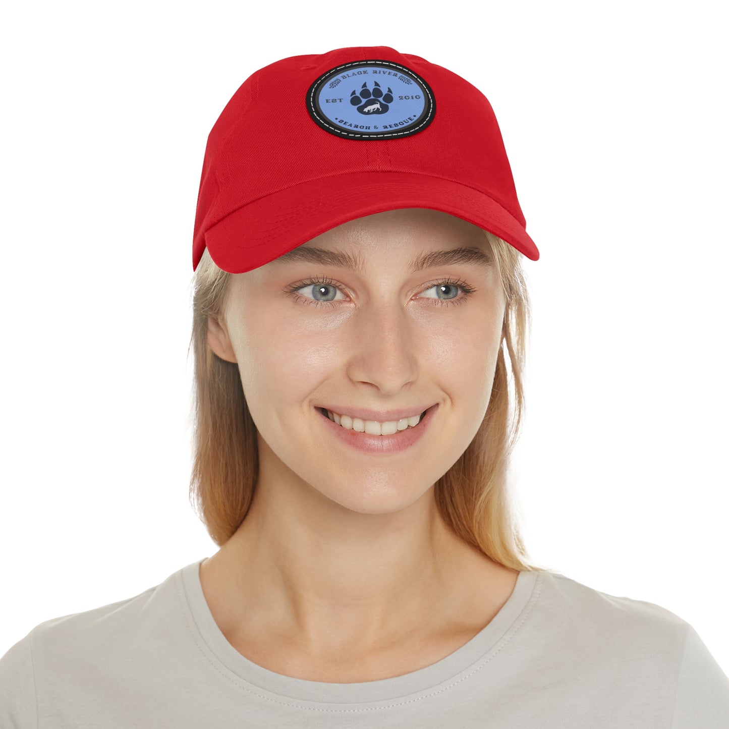 Copy of Unisex Hat with Leather Patch (Round), Black River Search & Rescue Logo, Vintage Blue patch