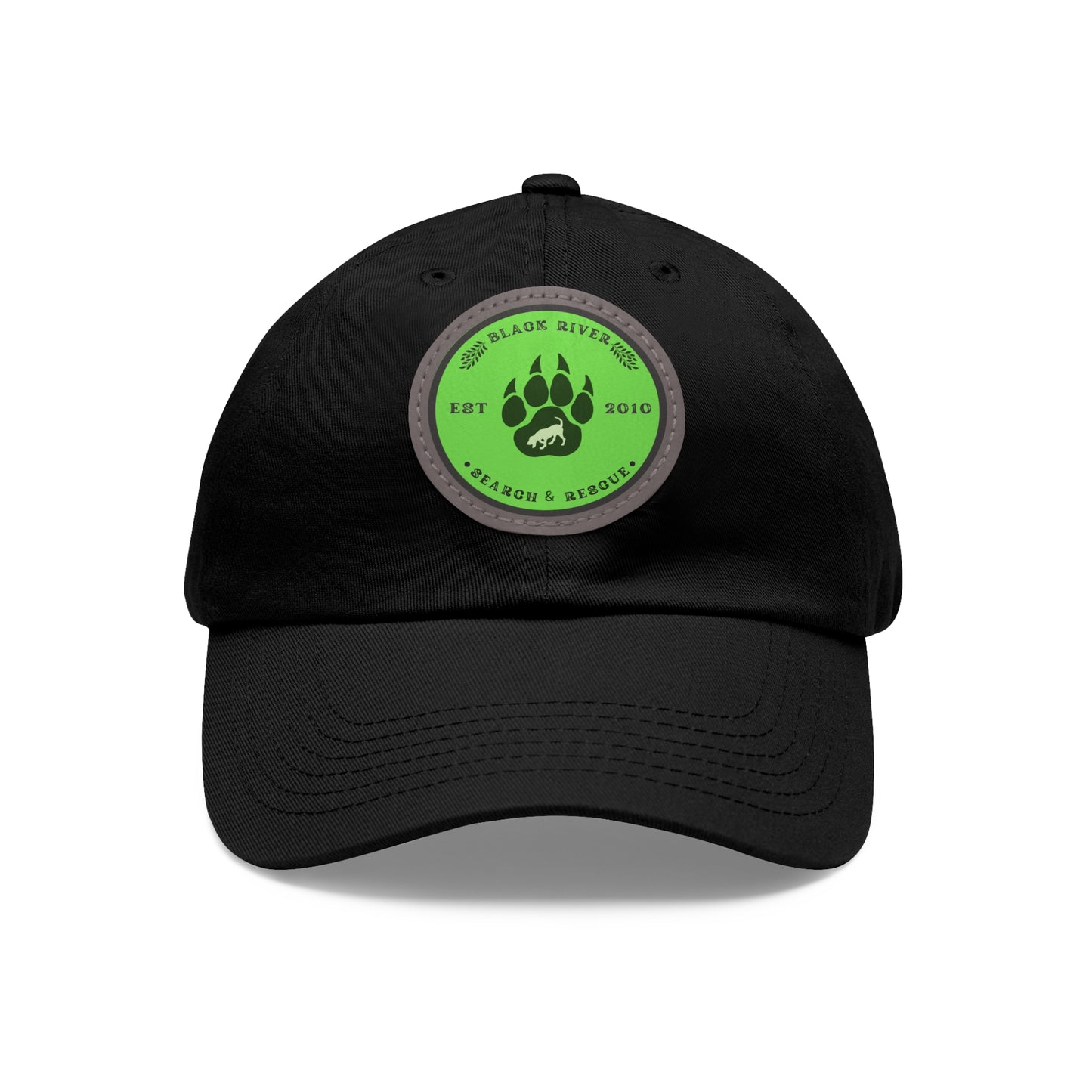 Unisex Hat with Leather Patch (Round), Black River Search & Rescue Logo, Lime Green patch