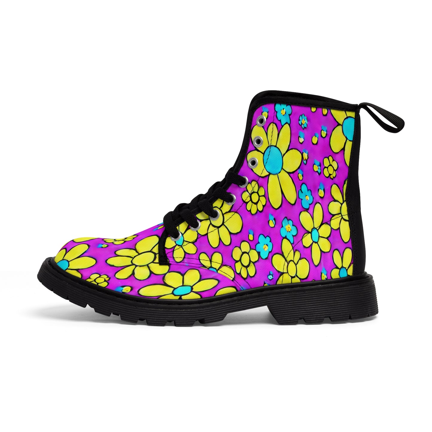 Women's Canvas Boots, Daisies, Purple, Yellow,, Retro, Flowers