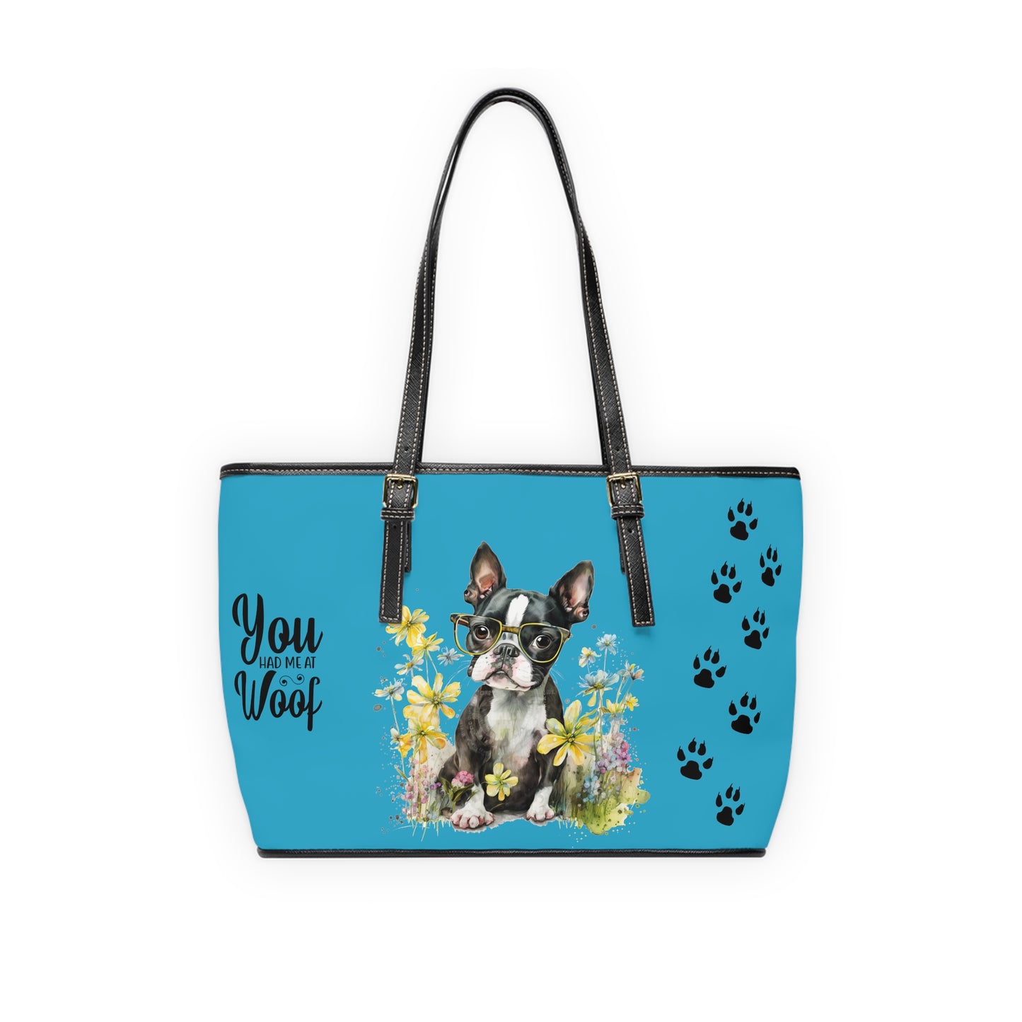 Boston Terrier Leather Shoulder Bag Turquoise Boston Puppy with glasses You had me at woof stay positive