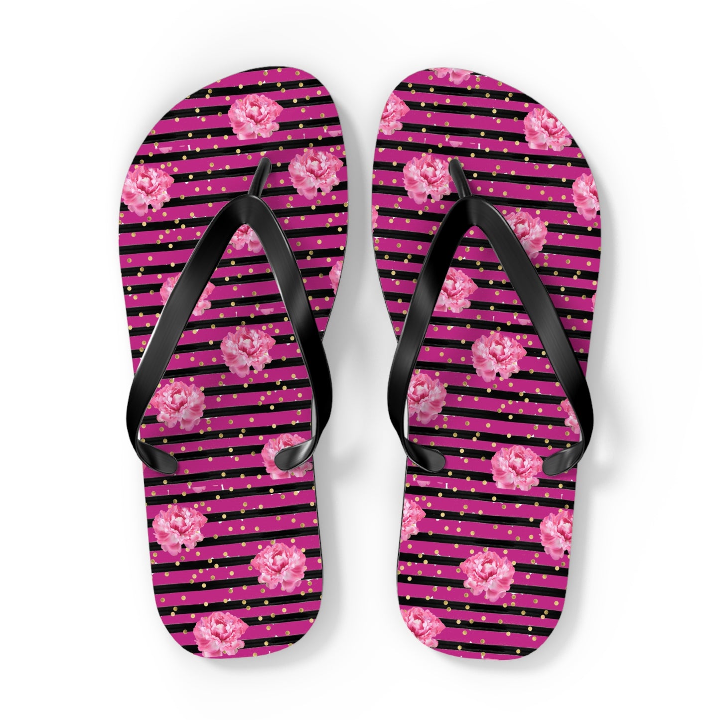 Bright Pink rose and black striped Flip Flops