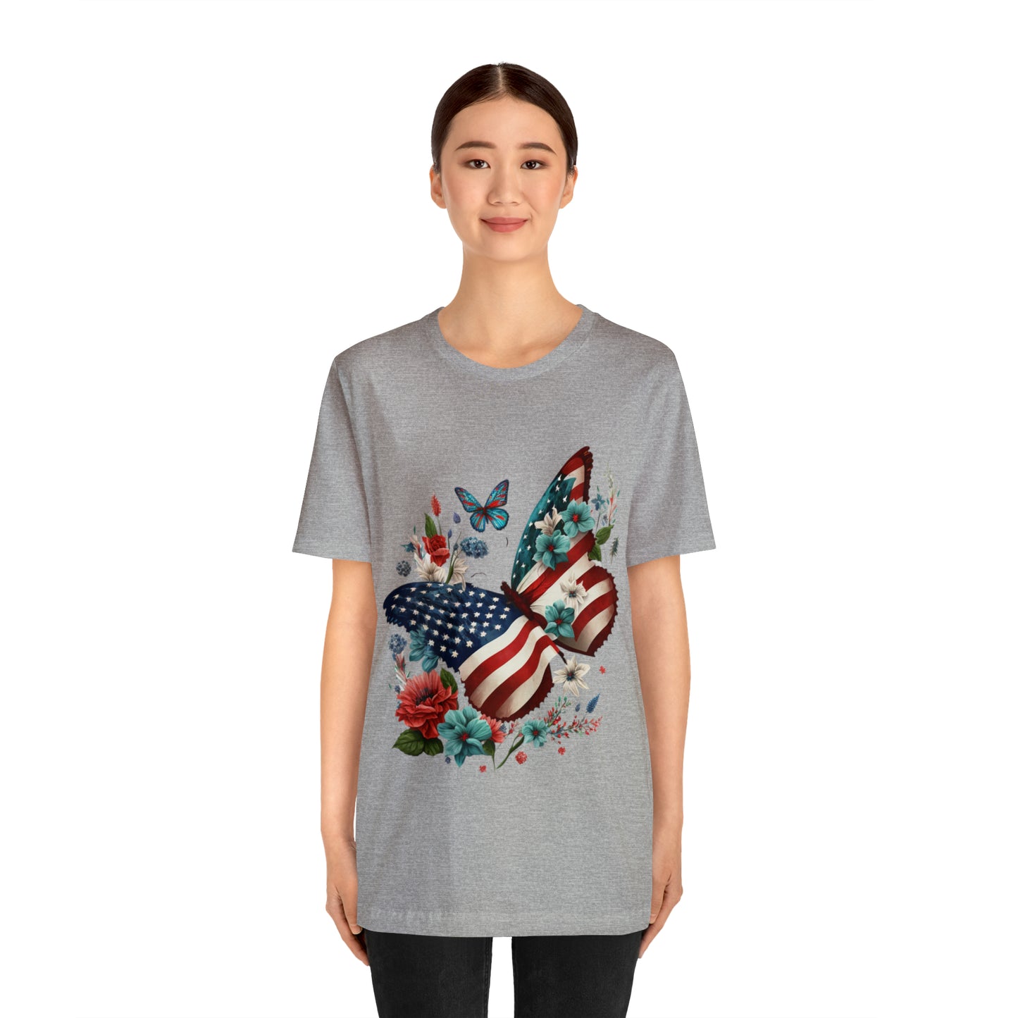 Unisex Jersey Short Sleeve Tee, American Flag, Butterfly, Patriotic