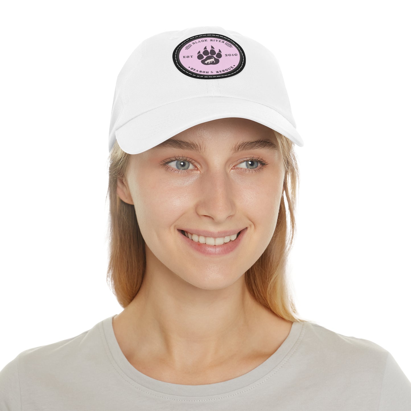 Copy of Unisex Hat with Leather Patch (Round), Black River Search & Rescue Logo, Pink patch